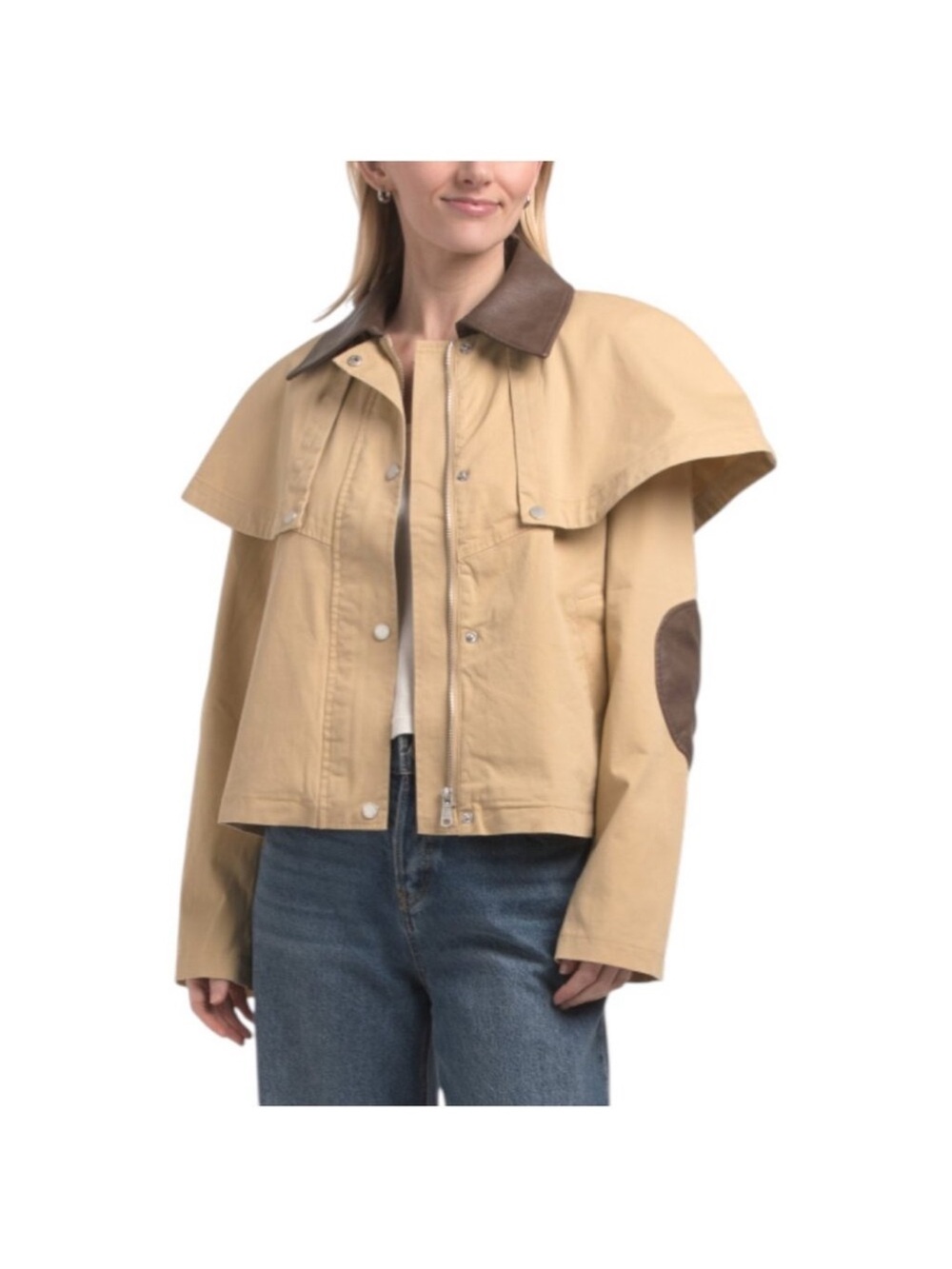 Avec Les Filles Beige Cropped Cape Jacket with Brown Collar & Elbow Patches